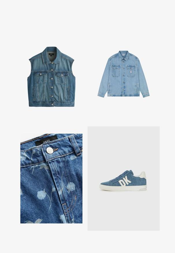 Ærmeløs blå denimvest med knapper foran, brystlommer med klap og knapper, sidelommer med slidser og en spids krave.; Lyseblå denimjakke med knaplukning foran, to brystlommer med klap og knapper, to sidelommer og en lille Lee-logo på højre brystlomme.; Denimstof i lyseblå, prydet med blomsterprint. Inkluderer en sølvknaplukning og lysebrune syninger langs sømmene. Mærkets etiket er synlig.; Denim sneakers med et blåt tekstureret stof, hvid gummisål og stort hvidt "DK" branding på siden.