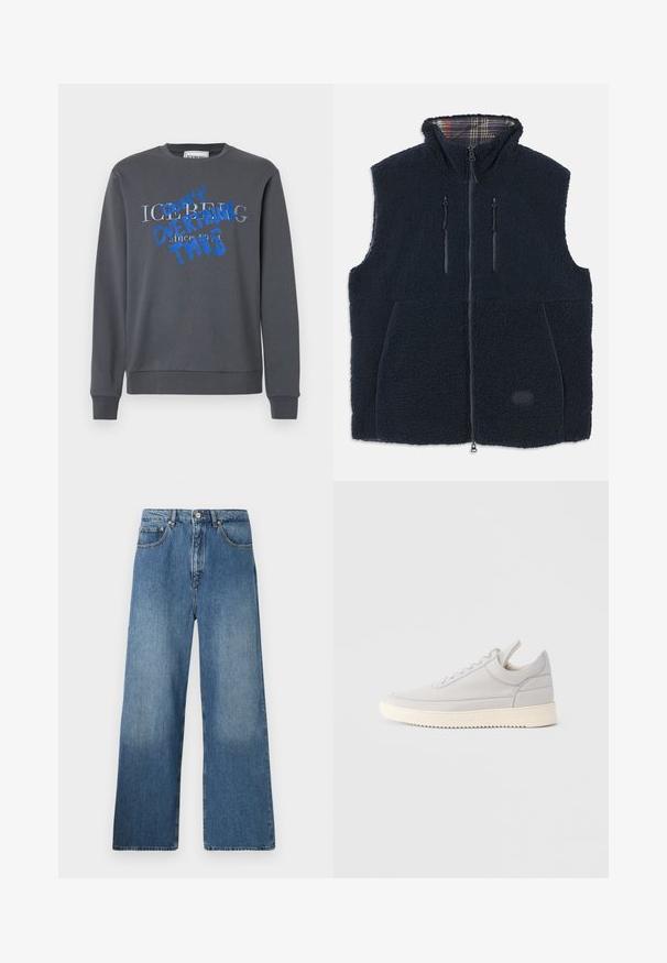 Marineblå fleecevest med en blød, tekstureret overflade, fuld lynlås på forsiden, to lynlåslommer og et ternet fôr i kraven. Logo patch på forsiden.; Iceberg FELPA - Sweatshirt - grigio scuro; Bredde ben blå denim jeans med et klassisk fem-lomme design, frontlukning med knap og let falming for tekstur.; Lysegrå lædersneaker med teksturerede sider, snørebånd foran og cremefarvet gummisål. Har en glat tåhætte og minimalistiske designdetaljer.