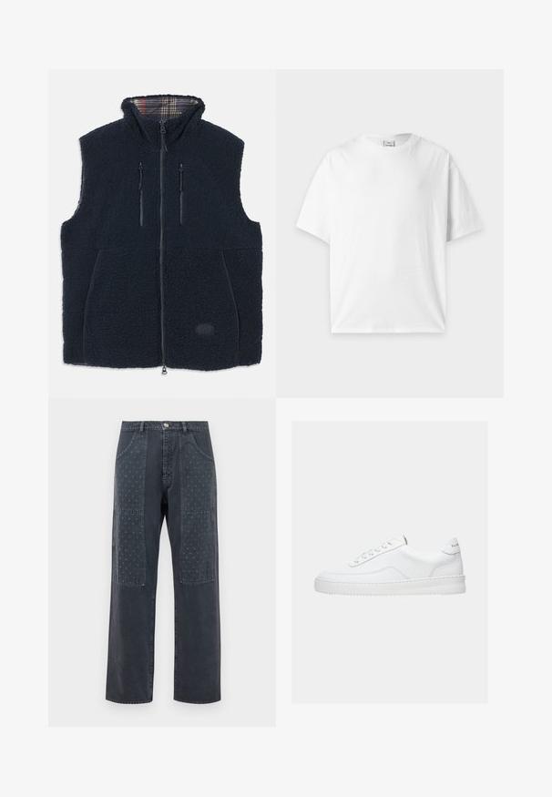 Gilet en polaire bleu marine avec un extérieur doux et texturé, fermeture éclair sur le devant, deux poches zippées et un intérieur en tartan au niveau du col. Étiquette avec logo sur le devant.; T-shirt blanc uni à manches courtes et col rond, posé à plat sur un fond gris clair.; Jean gris foncé à coupe large, avec des patchs décoratifs à l'avant présentant un motif floral discret et des détails de poches standards.; Baskets basses blanches avec un design à lacets, dessus en cuir lisse et semelle épaisse, montrées de profil sur un fond uni.