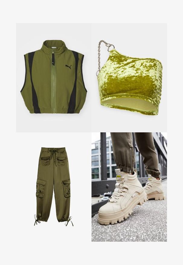 Afskåret vest i olivengrønt stof med sorte sidelapper. Har højt krave og frontlynlås, prydet med et logo på venstre side.; The Ragged Priest SPAWN - Top - green; Olivenfarvede cargo bukser lavet af glat stof, med to frontlommer, justerbar talje bånd og elastiske manchetter med snore ved anklerne.; Beige high-top sneakers med en chunky, tekstureret sål, snørebåndsdesign og gule accentmærker. Tekstureret læderoverdel med kontrasterende syninger.