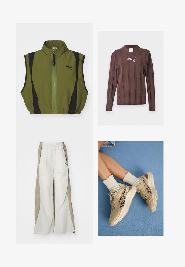 Chaleco corto en tela verde olivo con paneles laterales negros. Presenta un cuello alto y cremallera frontal, acentuado por un logo en el lado izquierdo.; Jersey marrón de manga larga con rayas verticales texturizadas y un logo blanco de Puma centrado en el pecho sobre un fondo liso.; Pantalones ligeros blancos y beige con un acabado texturizado, que presentan una cintura elástica, bolsillos laterales y un pequeño logo negro.; Piernas cruzadas con zapatillas Puma beige con rayas de estampado de leopardo y calcetines crema con volantes sobre una alfombra azul.