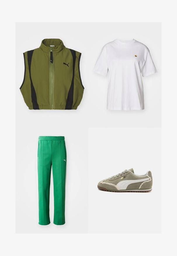 Chaleco corto en tela verde olivo con paneles laterales negros. Presenta un cuello alto y cremallera frontal, acentuado por un logo en el lado izquierdo.; Camisa de algodón blanca con corte relajado, mangas cortas y un pequeño logotipo bordado en el área del pecho izquierdo.; Pantalones deportivos verdes con un acabado texturizado, cintura elástica, bolsillos laterales y franjas blancas a los lados. Logotipo de la marca visible en la parte frontal.; Zapatillas de ante verde con acentos de cuero blanco, costuras texturizadas, parte frontal con cordones y suela de goma. Presenta detalles de diseño únicos a lo largo de los lados.