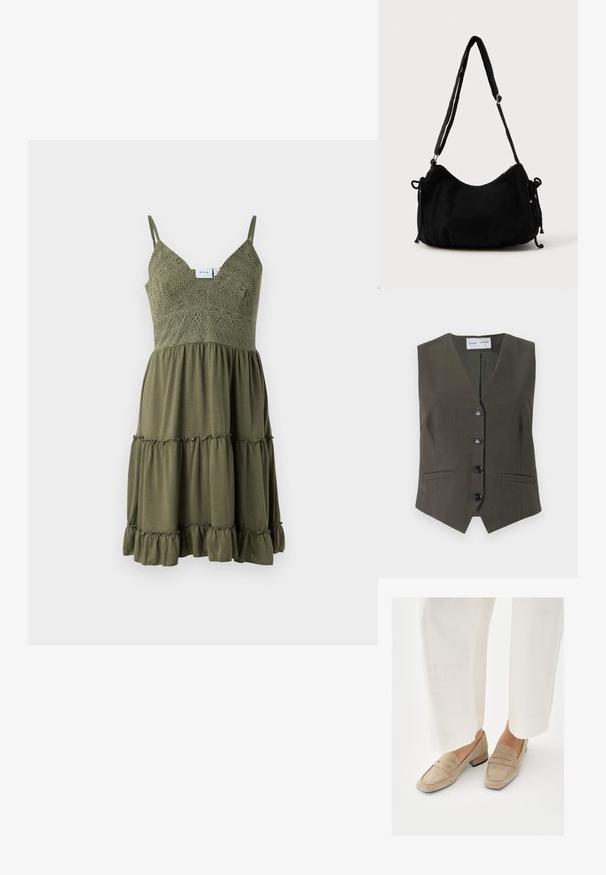 Chaleco sin mangas de color verde olivo hecho de un tejido texturizado, con escote en V, cinco botones negros y dos bolsillos frontales.; Vestido verde oliva con detalles de encaje en el corsé, tirantes ajustables y un dobladillo con volantes en capas, hecho de una tela ligera.; Mocasines de ante beige con tacón bajo, que presentan un diseño con costuras y una punta redondeada. Combinados con pantalones blancos de pierna ancha.; Bolso de hombro de pana negra con forma curva, correa ajustable y cierres de cordón en ambos lados para ajustar el tamaño.