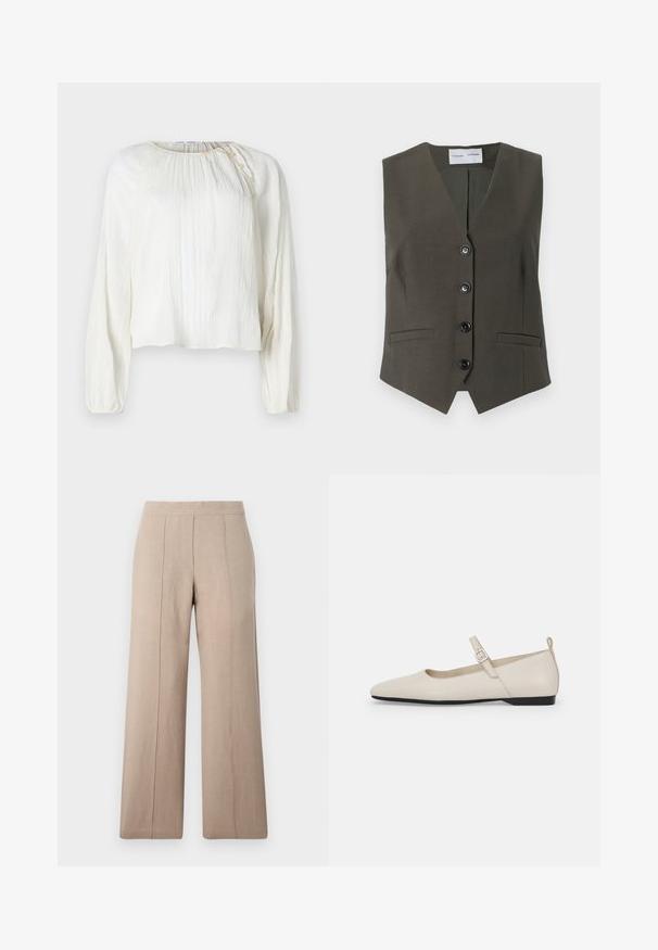 Gilet sans manches vert olive en tissu texturé, avec un col en V, cinq boutons noirs et deux poches avant.; Blouse légère de couleur crème avec des manches longues, en tissu texturé, décolleté rond et détail de bouton à l'épaule.; Pantalons larges beige en tissu léger, avec des plis à l'avant, une ceinture lisse et une coupe droite aux ourlets nets.; Ballerines en cuir blanc avec bout pointu, bride à la cheville et petit talon noir. Texture lisse avec des accents minimaux.
