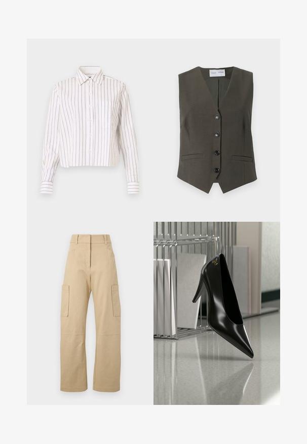 Gilet sans manches vert olive en tissu texturé, avec un col en V, cinq boutons noirs et deux poches avant.; Chemise rayée blanche avec de fines rayures brunes. Elle a un col pointu, des manches longues et une poche poitrine. Longueur courte.; Pantalons cargo beiges en coton, avec une taille haute, des jambes larges, deux poches latérales et deux grandes poches cargo sur les cuisses.; Chaussure noire à talon haut avec bout pointu et logo doré, posée sur une surface réfléchissante près d'un organiseur de dossiers en fil chromé contenant des documents.
