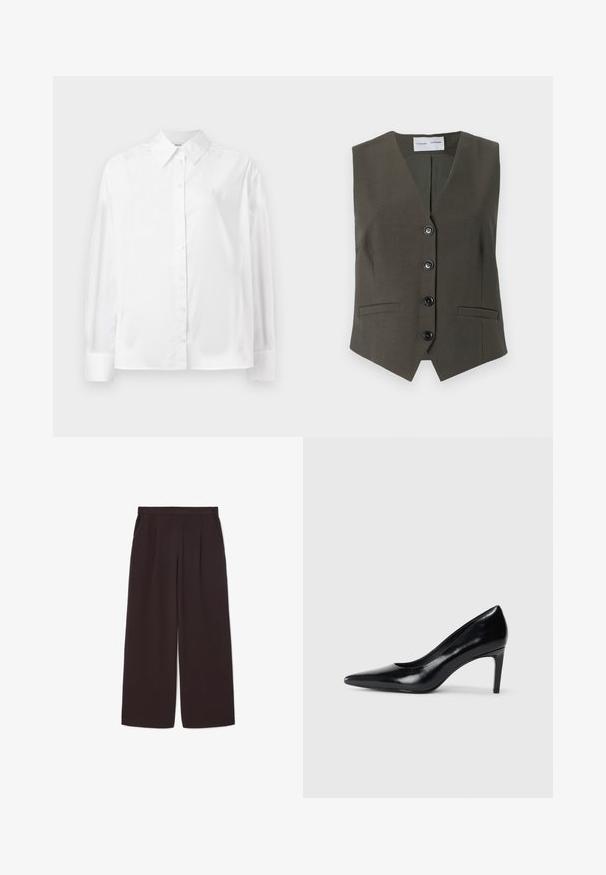 Olijfgroene mouwloze vest van gestructureerde stof, met een V-hals, vijf zwarte knopen en twee zakken aan de voorkant.; Witte langemouwige button-up shirt in een gladde katoenmix. Voorzien van een klassieke kraag, een knoopsluiting aan de voorkant en afgeronde manchetten.; Donkerbruin brede broek van lichtgewicht stof, met een hoge taille, plooien en twee zijzakken, voorzien van een elastische tailleband.; Zwarte leren hoge hak met een spitse neus, een gladde textuur en een tapse hak. Minimalistisch ontwerp, geen extra versieringen.