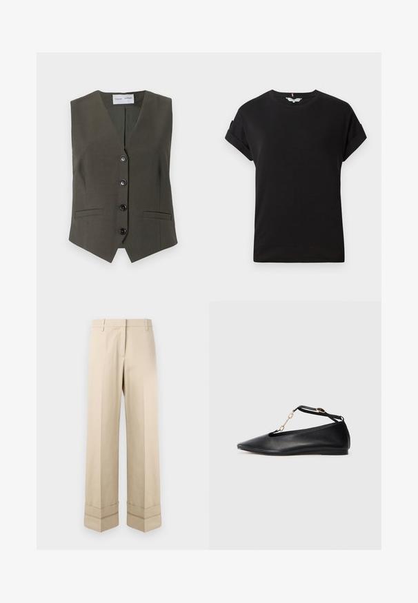 Oliven grøn ærmeløs vest lavet af tekstureret stof, med V-hals, fem sorte knapper og to forlommer.; Sort kortærmet t-shirt lavet af letvægtsstof. Har en rund udskæring og foldede ærmer. Minimalistisk design uden mønstre.; Beige bukser med lige pasform, der har en dobbelt manchet i kanten og en flad frontdesign. Lavet af glat, slidstærkt stof.; Sorte læder balletflade sko med spids tå, udsnit design, ankelrem og guldkæde accent. Glat tekstur, minimal hæl.