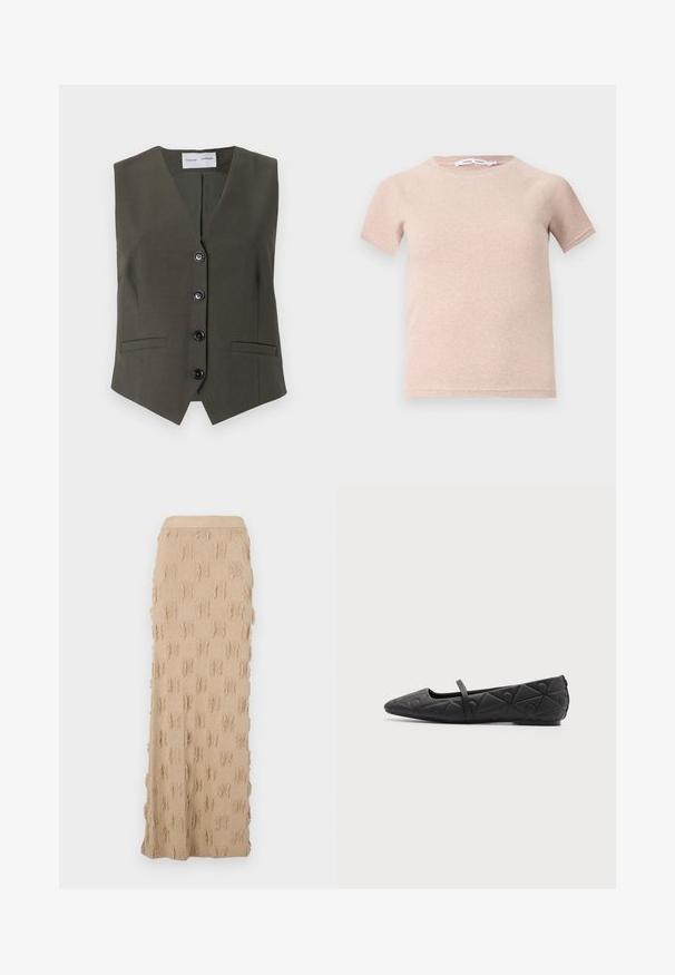 Gilet sans manches vert olive en tissu texturé, avec un col en V, cinq boutons noirs et deux poches avant.; T-shirt à manches courtes rose clair en tissu côtelé, avec un col rond et une coupe décontractée. Design simple et sans couture.; Jupe maxi en tricot beige présentant un motif texturé avec des accents effilochés tout au long et une taille côtelée. Matière lisse et flexible.; Chaussure plate noire à bout pointu avec motifs géométriques matelassés et une fine bride sur le cou-de-pied sur fond uni.
