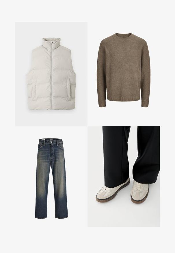 Lys grå puffer vest med høj krave, frontlynlås og to sidelommer; glat tekstur og quiltet design med polstrede sektioner.; Brun langærmet uldsweater med ribstrikkede manchetter, kant og rund hals.; Bredde ben jeans i mørkeblå denim med en gradient finish, der har en knaplukning, fem lomme-design og strukturerede syninger.; Fødder iført beige sneakers med brune såler og sorte bukser med vide ben på hvid baggrund.
