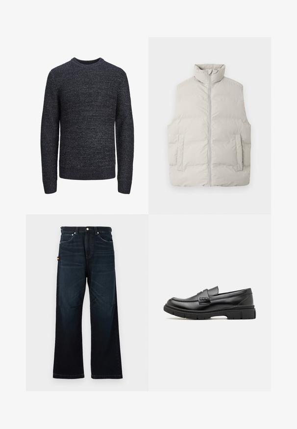 Gilet en duvet gris clair avec col haut, fermeture éclair à l'avant et deux poches latérales ; texture lisse et design matelassé avec des sections rembourrées.; Pull en tricot noir et gris avec des speckles, à manches longues et avec des poignets, un ourlet et un col rond côtelés, présenté sur un fond blanc.; Jeans droit bleu foncé avec un design classique à cinq poches, passants de ceinture et légers détails décolorés à l'avant et aux genoux.; Mocassin en cuir noir avec une large sangle sur le devant, semelle en caoutchouc à épaisse rainure, et texture lisse. Design classique et élégant.