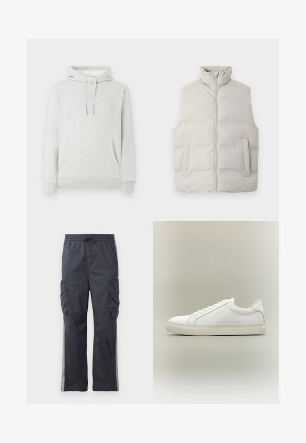 Lys grå puffer vest med høj krave, frontlynlås og to sidelommer; glat tekstur og quiltet design med polstrede sektioner.; Lys grå hættetrøje med snøre i hætten, forlommer, ribbede manchetter og kant, samt et diskret logo præget på brystet.; Mørkegrå cargo bukser med elastisk talje, snøre og sidelommer. Har lysegrå sidelægger og en afslappet pasform.; Hvid lavtop sneaker med snørebånd foran og tyk sål, vist fra siden mod en neutral baggrund.