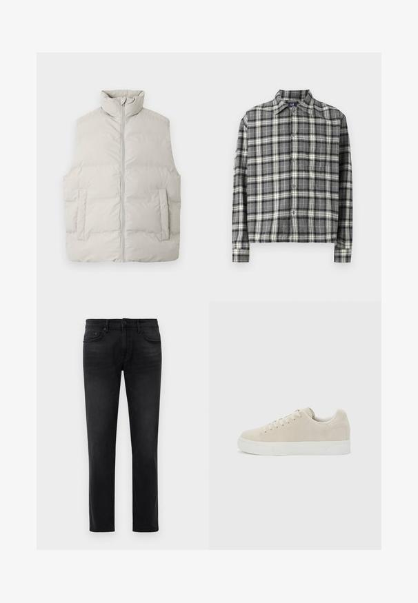 Lys grå puffer vest med høj krave, frontlynlås og to sidelommer; glat tekstur og quiltet design med polstrede sektioner.; Sort og hvid ternet skjorte med knapper, krave, lange ærmer og en afslappet pasform. Fremstillet af et blødt, tekstureret stof.; Sorte slim-fit jeans med fem lommer, bæltestropper og knaplukning, lagt fladt mod en hvid baggrund.; Beige lavt snøresko med snørebånd foran og tyk hvid gummisål på en ensfarvet lysegrå baggrund.