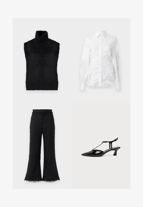 Suéter sin mangas negro de cuello alto, hecho de material suave y difuso, con un cuello alto y una textura lisa sin patrones ni elementos metálicos visibles.; Camisa blanca de botones con mangas largas, que presenta una textura fruncida en la parte delantera, pequeños botones dorados y un cuello estándar.; Pantalones de pierna ancha negros con tela texturizada, dobladillo deshilachado y cinturilla elástica. El diseño presenta un acabado suave y un ajuste relajado.; Zapato slingback de cuero charol negro con punta fina, tira en T y tacón bajo en bloque inclinado sobre fondo blanco.