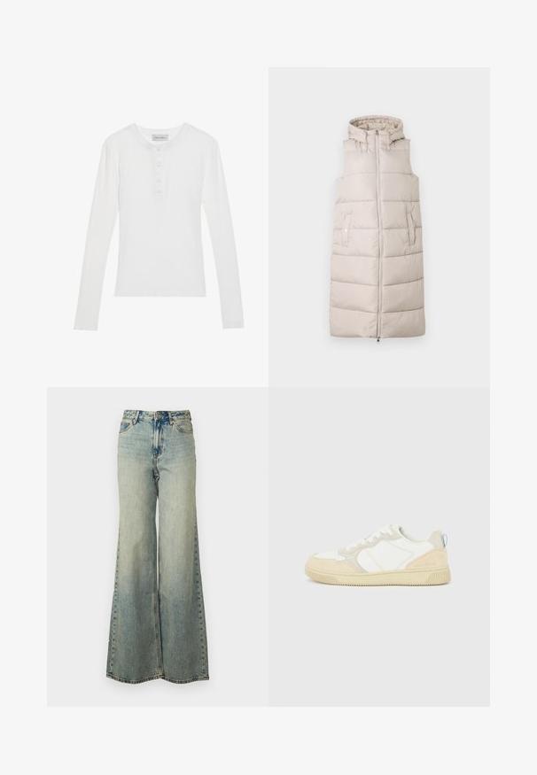 Beige puffervest med hætte, frontlukning med lynlås og to sidelommer. Designet har vandret kviltning og glat tekstur.; Hvid langærmet skjorte med ribbet tekstur, rund halsudskæring, tre-knaps placket og blødt stof. Mærkets label er synlig ved kraven.; Lyseblå vide jeans lavet af denim, med høj talje, bleget vask og sidelommer med synlige stikninger.; Hvid og beige sneaker med en overdel i ruskind og tekstil, med kontrastsyninger, en gummisål og en lyseblå detalje på hælen.