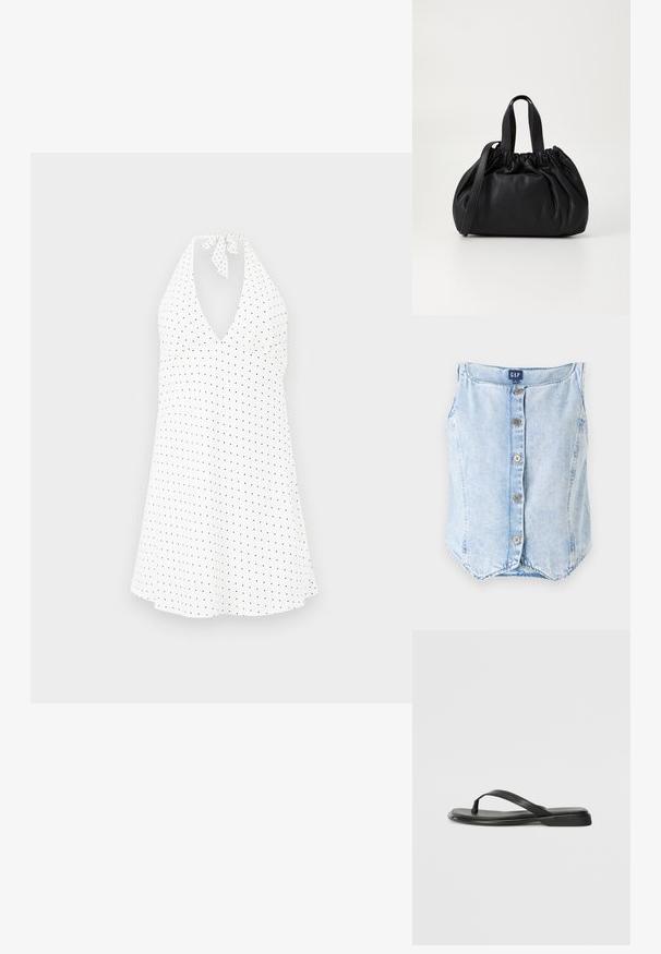 Lyseblå denim ærmeløs top med rund halsudskæring, fem knapper foran og en buet kant for en afslappet pasform.; Hvid halterneck kjole med dyb V-hals, der har en bundet hals og sorte prikker. Luftigt stof med en let buet sømkant.; Sorte flip-flops lavet af glat læder, med et tyndt remdesign og en flad sål med et minimalt profil. Ingen bemærkelsesværdige mønstre eller accenter.; Sort læderhåndtaske med en samlet topdesign, der har to korte håndtag og en lang justerbar rem. Glat overflade, rund form.