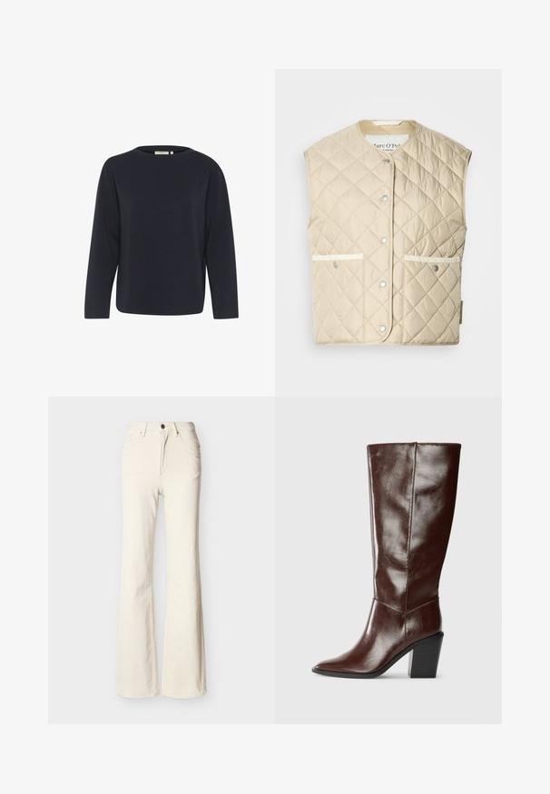 Chaleco acolchado beige con cuello redondeado, cierre de botones a presión y dos bolsillos delanteros con detalles en blanco. Textura suave e aislante.; Top de manga larga azul marino hecho de una tela suave, con un escote redondo y un ajuste relajado. Diseño minimalista sin patrones o acentos visibles.; Vaqueros de color marfil, de tiro alto, con botón delantero, cremallera, bolsillos delanteros y traseros, y diseño de pierna ligeramente acampanada.; Bota alta de cuero marrón oscuro con punta afilada y tacón bloque apilado, mostrada de lado sobre un fondo liso.