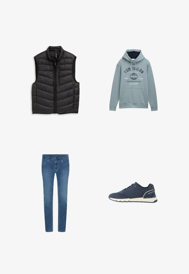 Schwarze Steppweste mit durchgehendem Reißverschluss, hohem Kragen und Chevron-Steppmuster. Glatter, leichter Stoff mit seitlichen und Brusttaschen.; Hellblaues Kapuzenpullover aus weichem Material mit einer frontalen Tasche, verstellbarem Kordelzug an der Kapuze und bedrucktem Logo-Text in marineblau und weiß.; Blaue Denim-Jeans mit schmaler Passform, die vordere Taschen, einen Knopfverschluss und dezente Verblassung entlang der Beine aufweisen.; Marineblauer sportlicher Sneaker mit Mesh-Obermaterial, weißer Sohle, schwarzer Außensohle und "Tom Tailor"-Logo am Fersenbereich.
