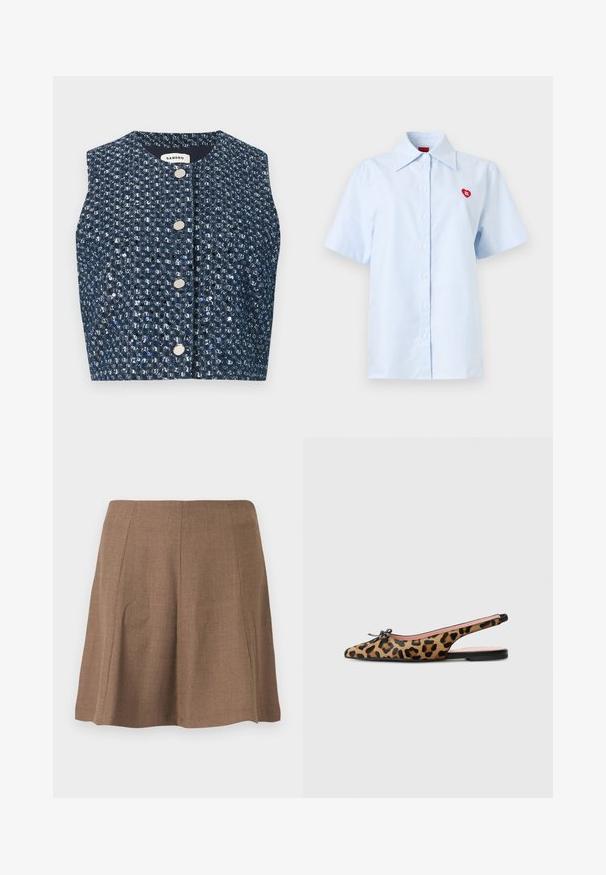 Chaleco sin mangas de tweed azul marino con lentejuelas plateadas y cuatro botones redondos plateados en la parte delantera, con la etiqueta "Sandro" en el interior del cuello.; Camisa de manga corta con botones, a rayas azul claro y blanco, con cuello puntiagudo y un pequeño logo de corazón rojo en el pecho.; Falda marrón hasta la rodilla con corte en línea A y sutiles detalles de costuras verticales, presentada sobre un fondo liso de color gris claro.; Pretty Ballerinas MURABI - Bailarinas con tira trasera - brown