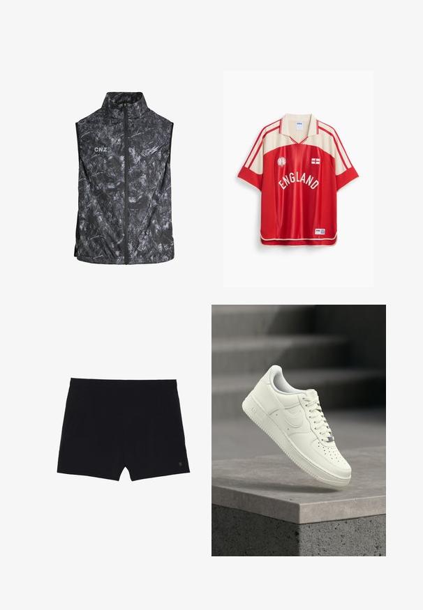 Schwarze ärmellose Weste mit einem strukturierten, abstrakten Muster, einem hohen Kragen und einem Frontreißverschluss. "CNZ"-Logo in Silber auf der Brust.; Rotes und cremefarbenes England-Fußballtrikot mit Kragen, England-Flagge, FIFA-Label und dem Schriftzug "ENGLAND" vorne.; Schwarze Sportshorts mit glatter Textur, elastischem Bund und zwei Seitentaschen. Mit einem kleinen Logo auf der unteren rechten Seite.; Weißer Ledersneaker mit niedrigem Profil, strukturierter Oberfläche, Perforationen an der Spitze und silbernen Akzenten an den Schnürsenkeln und dem Branding.
