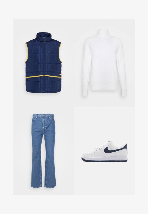 Levi's® Gold Tab PASTIME VEST - Vest - medieval blue; Valge kõrge kaelusega kampsun pikkade varrukatega, valmistatud siledast kangast. Omab sobivat lõiget ning üldiselt ribaroheline varrukate ja küljepidi. Ei sisalda mustreid ega aktsente.; Sinine teksariie, millel on kõrge talje, flared lõige, vöörihmadega, ees taskud ja klassikaline nööpkinnitus. Sujuv tekstuur, sirged õmblused.; Valge Nike Air Force 1 sneaker sinise Swooshi, tekstuurse nahast ülemise osa, valgete paelte ja kummist tallaga, millel on sinine muster.