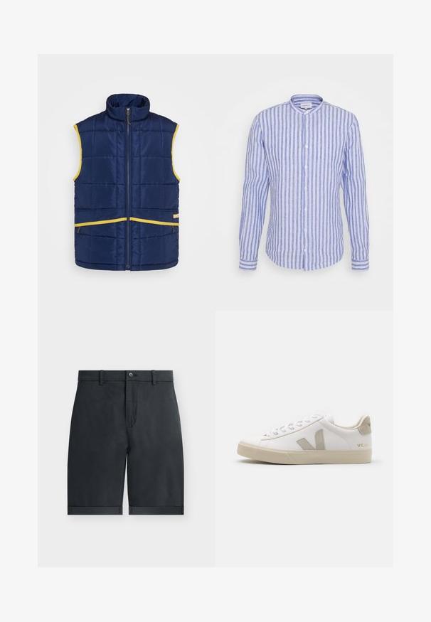 Levi's® Gold Tab PASTIME VEST - Γιλέκο - medieval blue; Γαλάζιο και λευκό ριγέ πουκάμισο με μακριά μανίκια και γιακά μπαρμπούτι, κλείσιμο με κουμπιά και αντίθετους μανικιών; φτιαγμένο από ελαφριά ύφανση.; Μαύρα σορτς μέχρι το γόνατο με γυρισμένα τελειώματα, κούμπωμα με κουμπί, θηλιές για ζώνη και επίπεδο σχέδιο μπροστά σε απλό λευκό φόντο.; Λευκό δερμάτινο αθλητικό παπούτσι με μπεζ λεπτομέρειες, επίπεδη καουτσούκ σόλα, στρογγυλή μύτη και αντίθετο λογότυπο στο πλάι και πίσω. Σχεδίαση με κορδόνια.