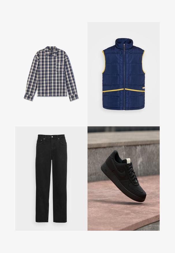 Levi's® Gold Tab PASTIME VEST - Chaleco - medieval blue; Camisa de manga larga a cuadros en azul marino y crema, con cierre de botones en la parte delantera, cuello, y un pequeño bolsillo en el pecho con texto blanco.; Pantalones vaqueros negros de denim con diseño de pierna recta, configuración de cinco bolsillos y cierre con botón metálico con textura sutil. Sin patrones ni acentos visibles.; Zapatilla negra Nike Air Force 1 flotando sobre un borde de hormigón rosa con fondo de piedra gris, mostrando detalles laterales y superiores.
