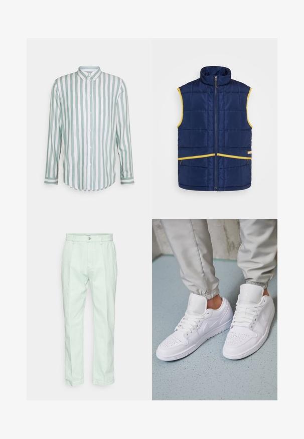 Levi's® Gold Tab PASTIME VEST - Veste sans manches - medieval blue; Chemise en coton à manches longues avec des rayures verticales vert menthe et blanches, fermeture à boutons, col, poche poitrine simple et ourlet incurvé.; Pantalons vert menthe clair en coton, présentant une coupe droite et une fermeture avant à bouton avec une fermeture éclair. Texture lisse.; Des baskets en cuir blanc présentent une zone de perforation à l'avant, des lacets plats, un col rembourré et le logo Jordan sur la languette. Portées avec un pantalon de jogging gris.