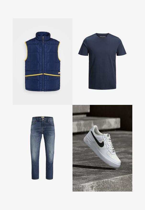 Levi's® Gold Tab PASTIME VEST - Vesta - medieval blue; Námornícky modré bavlnené tričko s okrúhlym výstrihom, krátkymi rukávmi a rovný strih. Obsahuje malú logovú nálepku na dolnej strane.; Tmavomodré džínsy s rovnými nohavicami, vybledlým predným dielom, dizajnom s piatimi vreckami a kontrastným prešívaním. Spodky sú mierne otočené.; Biela teniska Nike Air Force 1 s čiernym logom swoosh, zaviazanými šnúrkami, umiestnená vo vzduchu nad textúrovaným betónovým povrchom vonku.