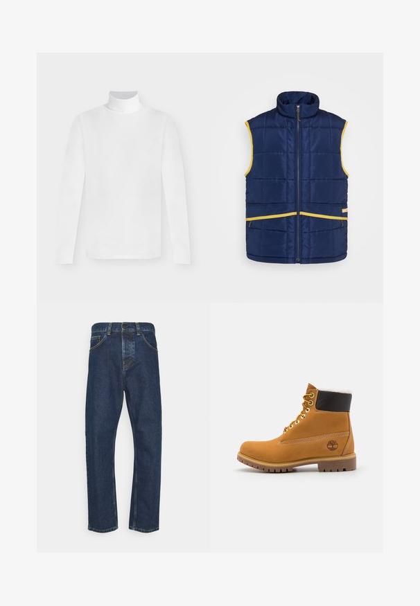 Levi's® Gold Tab PASTIME VEST - Vesta - medieval blue; Biele tričko s dlhým rukávom a rolákom s priliehavým strihom, zobrazené na jednoduchom svetlosivom pozadí.; Tmavomodré rovné džínsy s predným gombíkom, zipsom a vreckami, zobrazené na bielom pozadí.; Hnedé kožené ankle boot s kovovými očkami, bielym kožúškom vo vnútri, čiernym vypolstrovaným golierom, robustnou podrážkou a vyrazeným logom na boku.