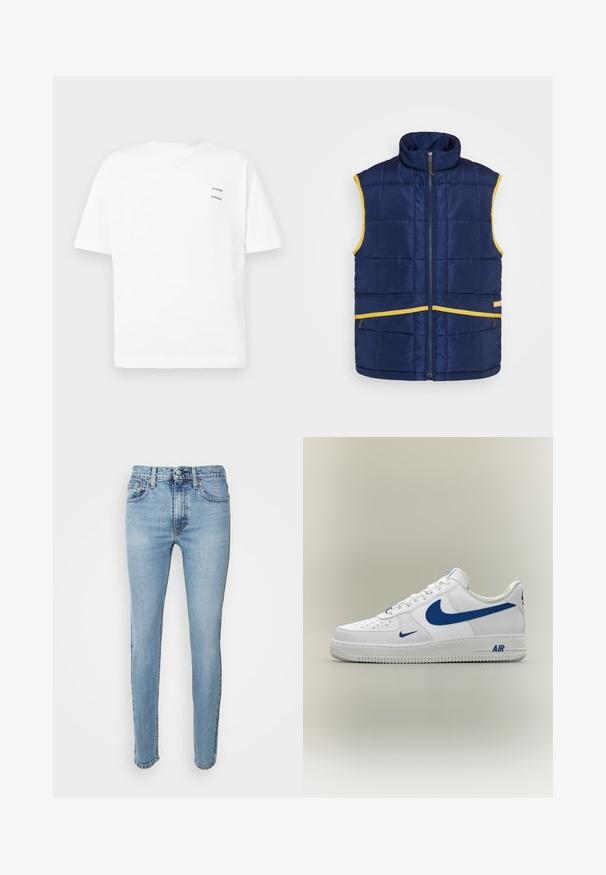 Levi's® Gold Tab PASTIME VEST - Γιλέκο - medieval blue; Λευκό βαμβακερό μπλουζάκι με άνετη εφαρμογή, κοντά μανίκια και V-λαιμόκοψη. Διαθέτει δύο μικρά μαύρα τυπωμένα λογότυπα στην αριστερή πλευρά.; Levi's® 519™ EXTREME SKINNY HI-BALL - Jeans Skinny Fit - z2204 light indigo worn in; Άσπρο αθλητικό παπούτσι Nike Air Force 1 με μπλε λογότυπα swoosh και κείμενο "AIR" στη σόλα, εμφανίζεται από το πλάι σε ουδέτερο φόντο.