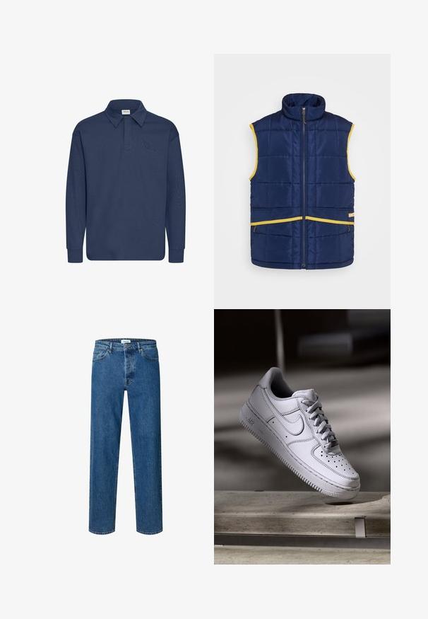 Levi's® Gold Tab PASTIME VEST - Veste sans manches - medieval blue; Polo à manches longues bleu marine avec un col pointu, de couleur unie et une texture subtile. Doté d'une patte de boutonnage à trois boutons au niveau du col.; Jean droit bleu en denim avec fermeture par bouton et fermeture éclair, passants de ceinture et design cinq poches.; La basket Nike Air Force 1 en cuir blanc présente un embout perforé, des lacets plats et une semelle en caoutchouc texturée avec le logo « AIR » sur le côté.