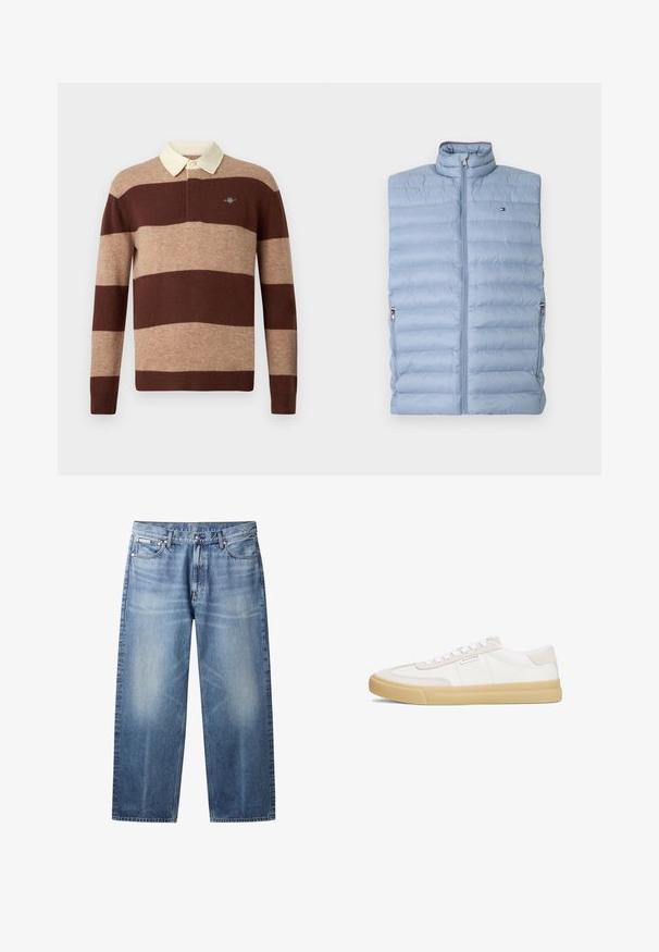 Lichtblauw donsvest met hoge kraag, horizontale doorgestikte lijnen, ritssluiting aan de voorkant en zijzakken. Voorzien van een klein logo op de borst.; Rugbyshirt met lange mouwen, voorzien van brede horizontale bruine en beige strepen en een crèmekleurige kraag, met een klein geborduurd logo op de borst.; Lichtblauwe rechte jeans met vervaagde plekken, vijf zakken, knoopsluiting en Calvin Klein-label op de rechter voorzak.; Witte sneakers van leer en suède, met een vetersluiting, een tan rubberen zool en een klein logo aan de zijkant.
