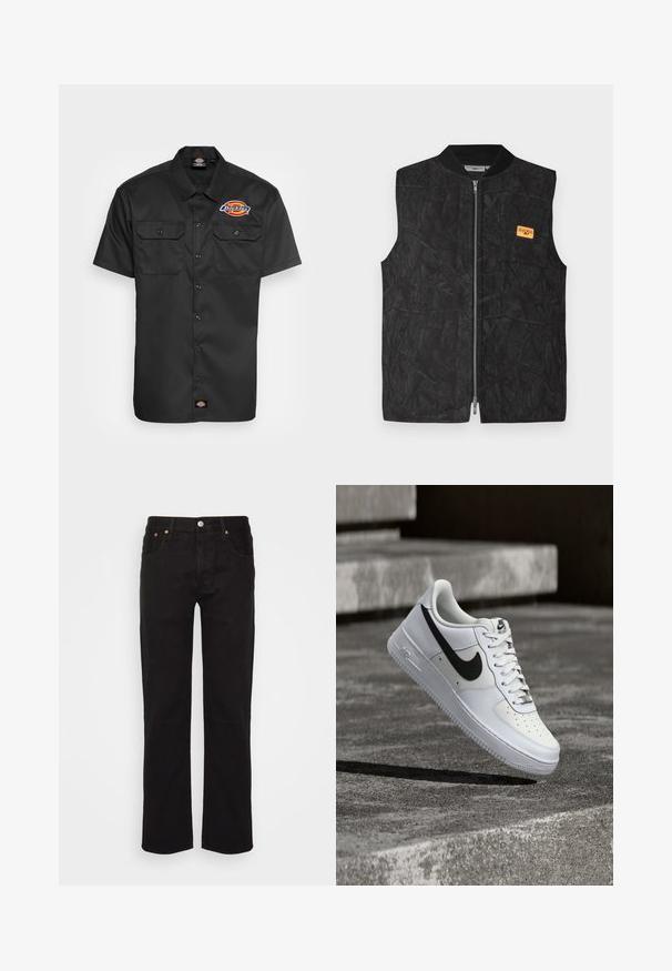 Veste noire dotée d'une fermeture éclair, d'un motif texturé et d'une petite étiquette orange. Conçue avec un col rond et sans manches.; Chemise noire à manches courtes, en tissu résistant, dotée de deux poches poitrine, d'une fermeture à boutons sur le devant et d'un logo coloré sur le côté gauche de la poitrine.; Jean noir à jambe droite en coton. Il possède cinq poches, un bouton en métal et des coutures orange accentuées à l'avant.; Baskets blanches Nike Air Force 1 avec le swoosh noir, lacets attachés, en suspension dans les airs au-dessus d'une surface en béton texturé en extérieur.