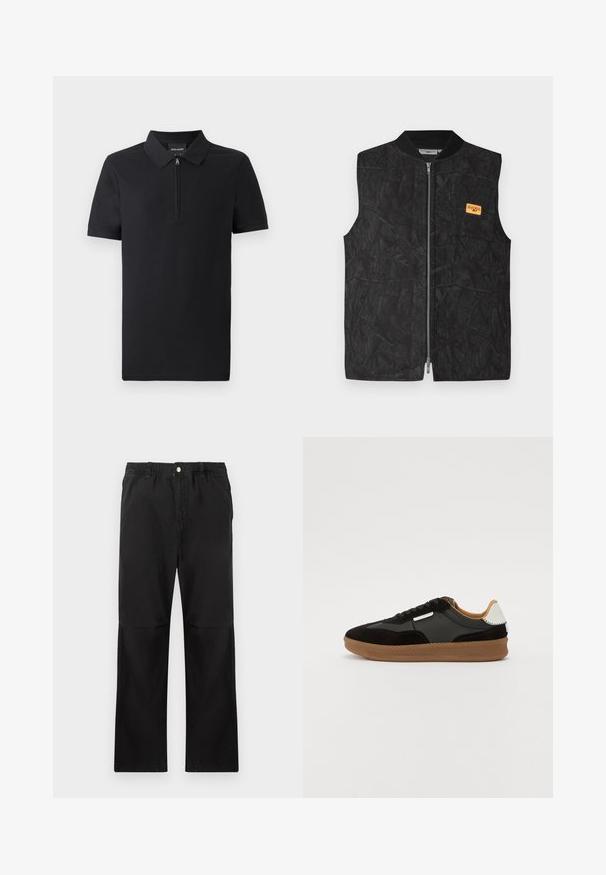 Schwarze Weste mit Reißverschluss, strukturiertem Muster und kleinem orangefarbenem Etikett. Entworfen mit rundem Kragen und ärmellos.; Schwarzes Poloshirt mit kurzen Ärmeln und durchgehendem Reißverschlusskragen, aus glattem Stoff gefertigt, mit klassischem Design und taillierter Passform.; Schwarze Baumwollhosen mit einem elastischen Bund, gerade geschnitten, mit glatter Textur und ohne sichtbare Akzente oder Muster.; Schwarze und graue Wildleder- und Leder-Sneaker mit einer Gummisohle, ausgestattet mit schwarzen Schnürsenkeln und einem weißen Akzent an der Ferse.