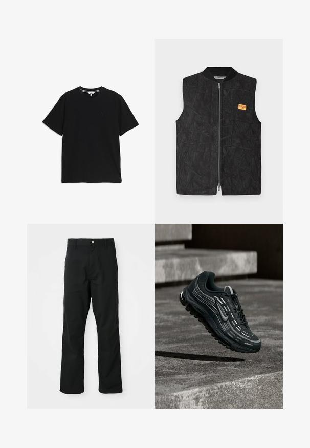 Veste noire dotée d'une fermeture éclair, d'un motif texturé et d'une petite étiquette orange. Conçue avec un col rond et sans manches.; T-shirt noir à manches courtes et col rond, avec un petit logo brodé sur le côté gauche de la poitrine et une étiquette intérieure rayée au niveau du col.; Pantalons noirs à jambes droites avec fermeture à bouton et à zip, passants de ceinture et poches latérales, présentés sur fond blanc.; Baskets Nike Air Max noires et grises flottant au-dessus de marches en béton gris avec un fond de sol texturé.