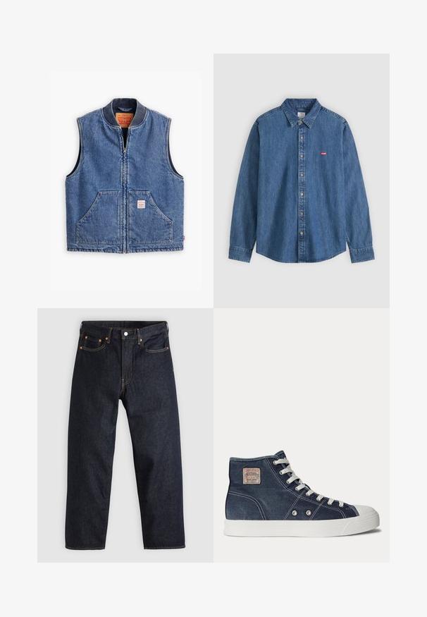 Veste en denim avec fermeture éclair à l'avant, col côtelé, deux poches avant et une étiquette. Présente un délavage bleu classique et une conception structurée.; Chemise en jean bleu à manches longues avec col et boutons beige, avec un petit logo rouge Levi's sur la poitrine gauche.; Jean en denim bleu foncé avec une coupe droite, cinq poches, des coutures orange contrastantes et une fermeture à boutons. Pas de motifs ou d'ornements visibles.; Basket montante bleu marine avec lacets blancs, semelle en caoutchouc blanche, œillets métalliques et petit patch beige de marque sur la zone de la cheville.