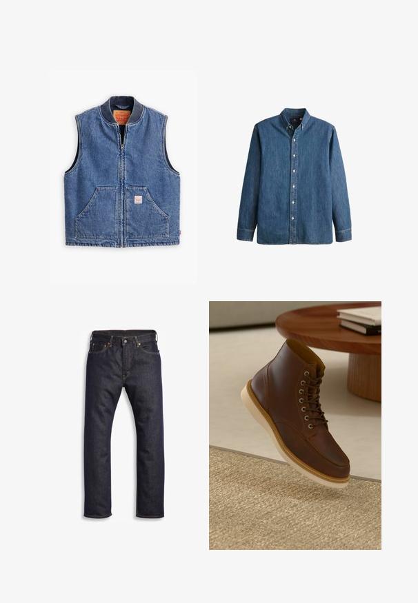 Denimweste mit Reißverschluss vorne, geripptem Kragen, zwei Fronttaschen und einem Etikett. Verfügt über eine klassische blaue Waschung und ein strukturiertes Design.; Denim-Hemd in Mittelblau, mit langen Ärmeln, spitzem Kragen, weißen Knöpfen und einer taillierten Passform sowie dezentem Logostick.; Dunkelblaue Jeans aus Denim mit geradem Schnitt, Fünf-Taschen-Design, metallischen Komponenten und kontrastierenden orangen Nähten. Glatte Textur, keine sichtbaren Muster.; Braune Leder-Ankle-Boots mit beiger Sohle auf einem strukturierten beigen Teppich neben einem runden Holztisch mit gestapelten Büchern.