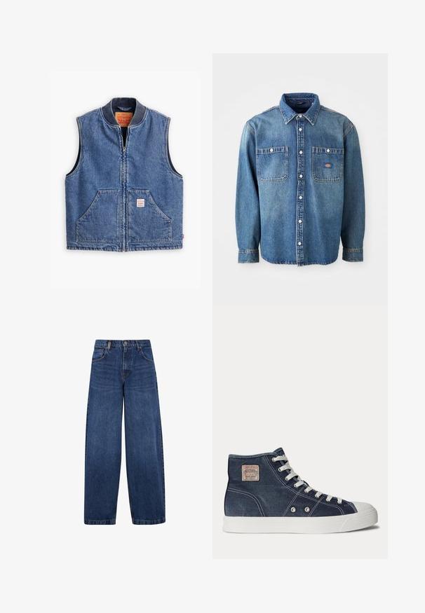 Denim vest met een ritssluiting aan de voorkant, geribbelde kraag, twee voorzakken en een label. Beschikt over een klassieke blauwe was en een gestructureerd ontwerp.; Denim overhemd in medium blauw, met een puntige kraag, twee borstzakken en zilveren knopen. Lange mouwen met knoopmanchetten.; Wijdvallende blauwe denim jeans met een klassiek vijf-pocket ontwerp, knoopsluiting en een licht vervaagde textuur. Stevige stikdetails.; Marineblauwe hoge sneaker met witte veters, witte rubberen zool, metalen oogjes en een klein beige merklabel op het enkelgebied.