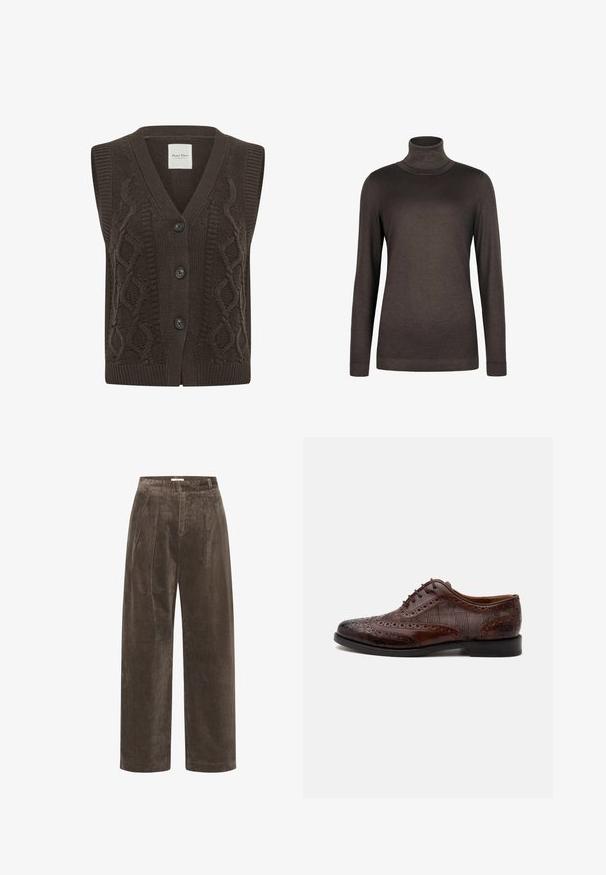 Gilet sans manches en maille marron foncé avec motif torsadé, col en V et trois boutons noirs sur le devant.; Pull à col roulé marron en tissu doux. Il dispose de manches longues et d'une coupe ajustée. Texture lisse avec un col et un ourlet côtelés.; Pantalons larges en velours côtelé marron avec plis, présentant une texture douce et une taille mi-haute. Les finitions d'ourlet sont propres et droites.; Chaussure habillée homme à bout golf en cuir marron avec détails brogue et panneaux latéraux en tissu à carreaux, vue de côté sur fond blanc.