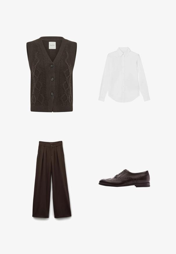 Gilet sans manches en maille marron foncé avec motif torsadé, col en V et trois boutons noirs sur le devant.; Chemise blanche à manches longues à boutons, en tissu lisse. Dotée d'un col classique, d'un ourlet arrondi et de poignets à boutons. Pas de motifs visibles.; Pantalons larges en tissu brun foncé, avec une taille haute, un devant plissé, une fermeture à bouton et des poches latérales.; Chaussure habillée en cuir marron avec des détails de brogue, fermeture à lacets, bout arrondi et un petit talon empilé. Fini poli et perforations complexes.