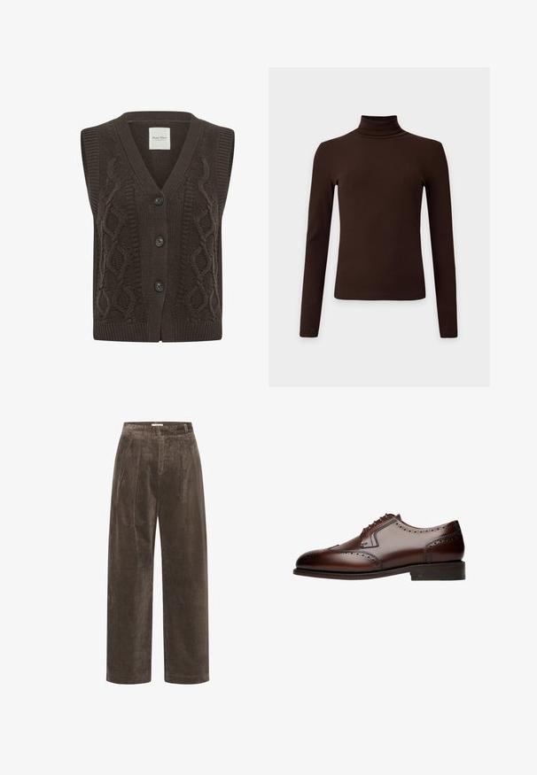 Gilet sans manches en maille marron foncé avec motif torsadé, col en V et trois boutons noirs sur le devant.; Haut à col roulé côtelé marron foncé à manches longues avec silhouette ajustée sur fond clair uni.; Pantalons larges en velours côtelé marron avec plis, présentant une texture douce et une taille mi-haute. Les finitions d'ourlet sont propres et droites.; Chaussure de ville en cuir marron avec des détails brogue, bout arrondi et laçage à cinq œillets, reposant sur une semelle plate et texturée.