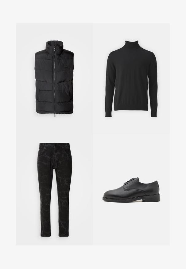 Schwarze Pufferweste mit hohem Kragen, vorne mit Reißverschluss und strukturierten Seitenpanels. Gestepptes Muster über die gesamte Fläche und minimalistische Markenakzent.; Schwarzer Rollkragenpullover aus weichem Stoff, mit langen Ärmeln und geripptem Kragen, glatter Textur und figurbetontem Design.; Schwarze Jeans aus Denim mit marmoriertem Muster, geradem Bein, Fünf-Taschen-Stil und Knopfverschluss am Bund.; Schwarze Leder-Oxfordschuhe mit runder Zehenform, glatter Oberfläche, fünf Ösen für die Schnürung und niedrigem, gestapeltem Absatz.