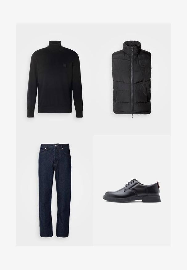 Sort puffer vest med høj krave, lynlåslukning foran og teksturerede sidepaneler. Vatteret mønster over det hele og minimal brandingdetalje.; Sort rullekravestrik med lange ærmer, ribbet krave og manchetter, lavet af et glat stof. Har et lille logo mærke på brystet.; Mørkeblå denimjeans med lige ben, der har fem lommer, knaplukning og diskrete syninger.; Sorte snørestøvler i læder med glat tekstur, rundet tå og diskrete syningsdetaljer. Har en rød trækflig på hælen.