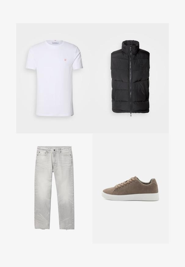 Zwarte puffer gilet met hoge kraag, sluiting met rits aan de voorkant en gestructureerde zijpanelen. Gequilt patroon over het hele vest en minimale branding details.; Witte katoenen t-shirt met korte mouwen, met een klein oranje "II" logo op de linkerborst en een ronde halslijn. Eenvoudig ontwerp en textuur.; Lichtgrijze jeans met rechte pijp, vijf zakken, knoop- en ritsluiting en het Calvin Klein-logo op het kleine voorzakje.; Bruine suède sneakers met platte witte rubberen zolen, vetersluiting, ronde neus en een gladde textuur. Minimalistische stijl met subtiele stikdetails.