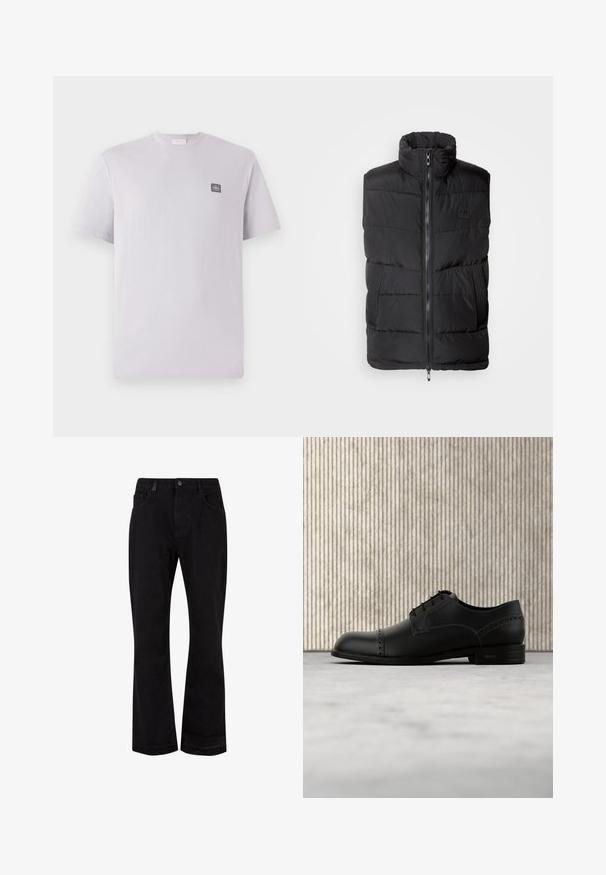 Sort puffer vest med høj krave, lynlåslukning foran og teksturerede sidepaneler. Vatteret mønster over det hele og minimal brandingdetalje.; Lys lavendelfarvet kortærmet t-shirt lavet af bomuld med rund hals og et lille mørkt logo-patch på venstre bryst. Glat tekstur.; Sorte denim flared bukser med en glat tekstur. Har forlommer, knaplukning og syninger langs sømene.; Sort lædersko med glat finish, rund tå og dekorative perforeringer. Har fem snørehuller og en flad sål.