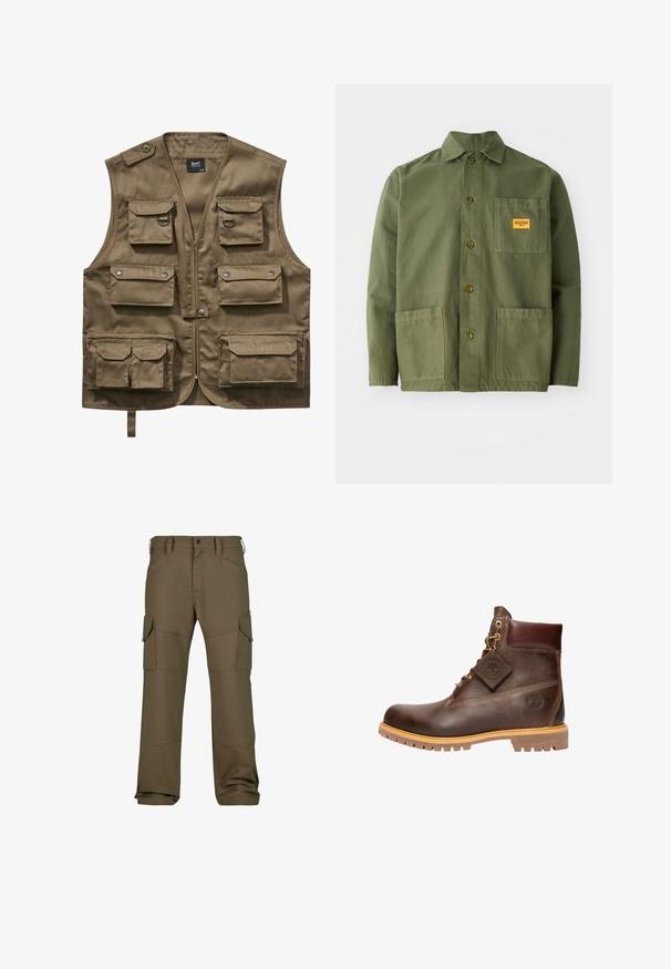 Khaki utility vest lavet af holdbart stof, med flere frontlommer med klapper, lynlåslukning og justerbar halsrem.; Oliven grøn jakke lavet af tung bomuld, med en spids krave, frontknapper og to store påsætningslommer. Inkluderer et lille logo patch.; Cargo bukser i mørke olivengrøn med flere lommer, forstærket syning, lige pasform og en glat tekstureret stof.; Brun læder ankelstøvle med rund tå, solid sål, hardware i guldtone og en tekstureret overdel. Inkluderer et logo-tagfæstet.