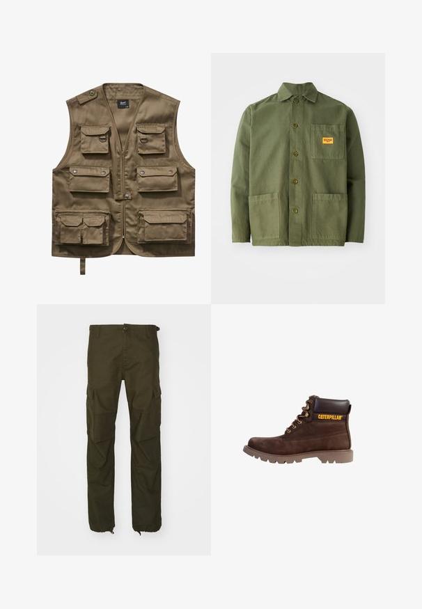Khaki utility vest lavet af holdbart stof, med flere frontlommer med klapper, lynlåslukning og justerbar halsrem.; Oliven grøn jakke lavet af tung bomuld, med en spids krave, frontknapper og to store påsætningslommer. Inkluderer et lille logo patch.; Olivenfarvede cargo bukser lavet af slidstærkt stof, med knaplukning, flere sidelommer og elastiske manchetter ved anklerne.; Brun læder arbejdssko med en polstret sort krave, snørebåndsfront og robust sål. Har Caterpillar-logo i gul på siden.