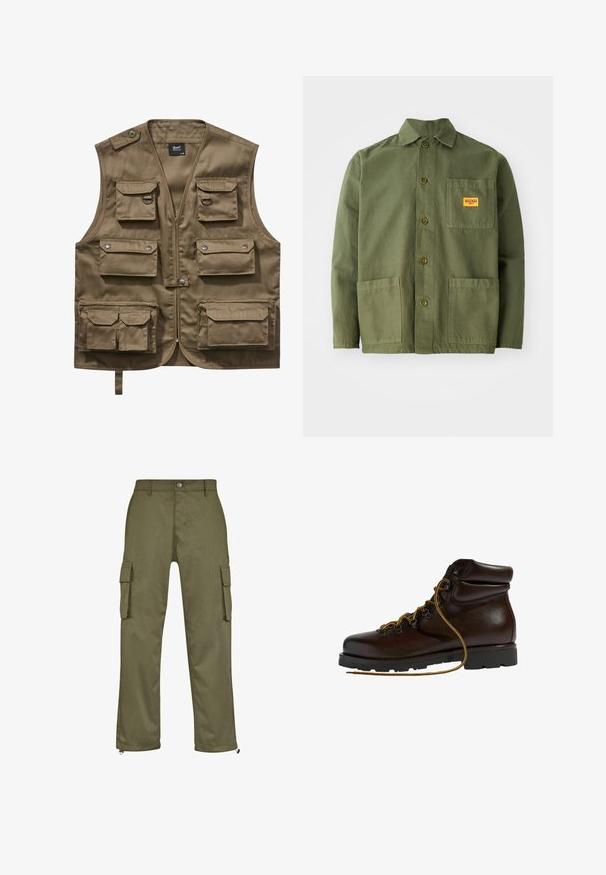 Gilet utilitaire khaki en tissu durable, présentant plusieurs poches avant avec rabats, une fermeture éclair et une sangle de cou ajustable.; Veste verte olive en coton épais, avec un col pointu, des boutons à l'avant et deux grandes poches plaquées. Comprend un petit patch avec un logo.; Pantalons cargo verts olive avec une coupe droite, deux poches latérales et des fermetures éclair au niveau des chevilles. Fabriqués à partir de tissu durable.; Bottine de randonnée en cuir marron avec un bout arrondi, surface texturée, lacets jaunes et œillets en métal. Dotée d'une semelle en caoutchouc noir robuste.