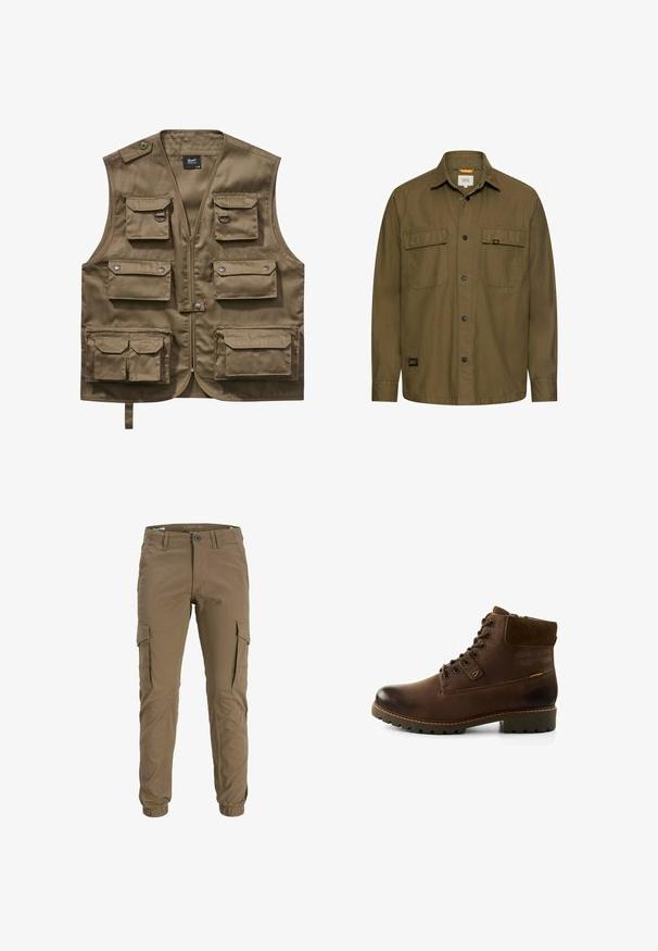 Khaki utility vest lavet af holdbart stof, med flere frontlommer med klapper, lynlåslukning og justerbar halsrem.; Brun skjorte i langærmet med knapper, krave, to brystlommer med klap og sorte trykknapper foran.; Jack & Jones JPSTPAUL JJFLAKE ANA NOOS - Cargobukser - brindle; Brun læder ankelstøvle med en glat finish, rund tå og snørebånd foran. Har en polstret krave og en robust sål for godt greb.