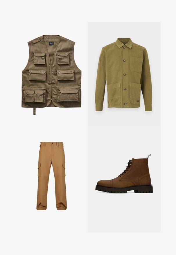 Khaki úžitková vesta vyrobená z odolného materiálu, s viacerými prednými vreckami s chlopňami, zipsovým uzáverom a nastaviteľným krčným popruhom.; Olivovo zelená plátenná bunda s golierom, vybavená dvoma prednými vreckami a zapínaním na gombíky. Textúrovaná látka s viditeľnými švami.; Hnedé cargo nohavice vyrobené z odolného materiálu, s viacerými vreckami, vo voľnom strihu a so zosilnením stehovej linky.; Hnedé kožené šnurovacie členkové topánky s hrubou čiernou podrážkou a pútkom na bielom pozadí.